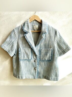 Joie Tweed Cropped Jacket Blue White Fringe Short Sleeve Blazer Size L